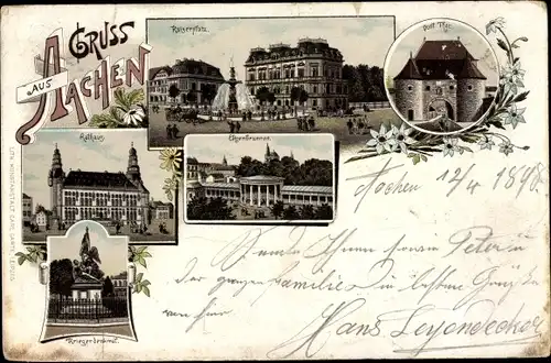 Litho Aachen in Nordrhein Westfalen, Rathaus, Kaiserplatz, Elisenbrunnen, Kriegerdenkmal