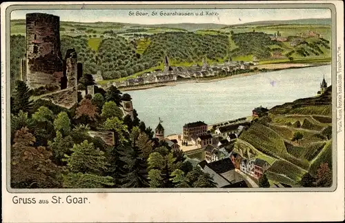 Litho St. Goar im Rhein Hunsrück Kreis, Blick auf den Ort, St. Goarshausen, Burg Katz