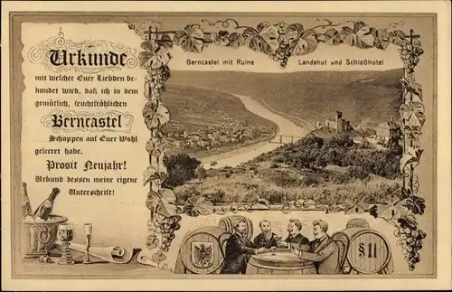 Ak Bernkastel Kues an der Mosel, Gesamtansicht mit Ruine, Landshut, Schlosshotel, Urkunde