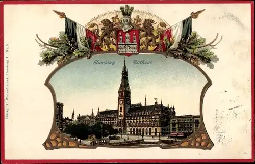 Präge Wappen Litho Hamburg, Ansicht des Rathauses, Wappen, Fahnen, Eichenlaub
