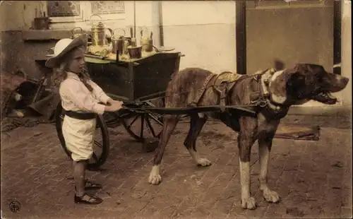 Ak Belgique, Laitière, Milchwagen, Hundekarren, Kind