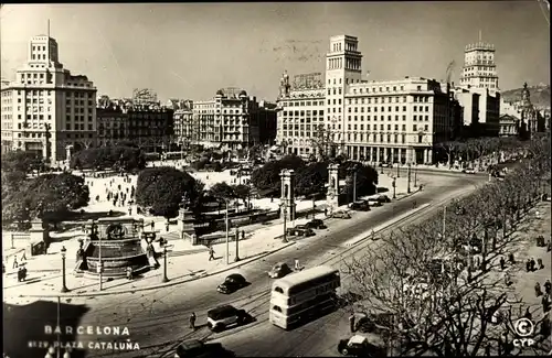 Ak Barcelona Katalonien Spanien, Plaza Cataluna, Doppeldeckerbus