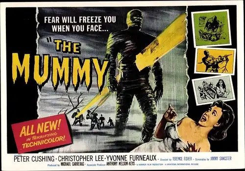 Ak The Mummy, Peter Cushing, Christopher Lee, Yvonne Furneaux, Werbeaufdruck