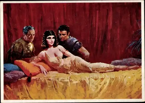 Künstler Ak Schauspieler Elizabeth Taylor, Richard Burton, Rex Harrison, Cleopatra, Filmszene