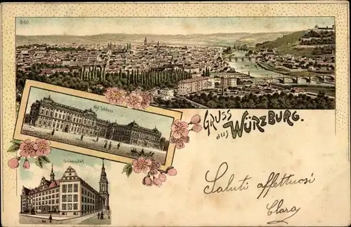 Litho Würzburg am Main Unterfranken, Gesamtansicht, Kgl. Schloss, Universität