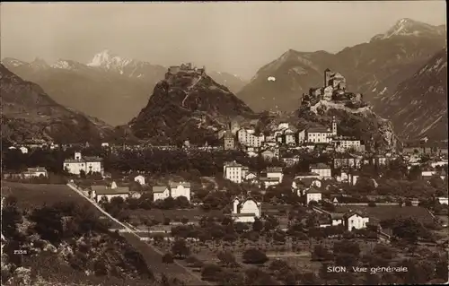 Ak Sion Sitten Kt. Wallis, Gesamtansicht vom Ort, Burgen, Berge, Kirche