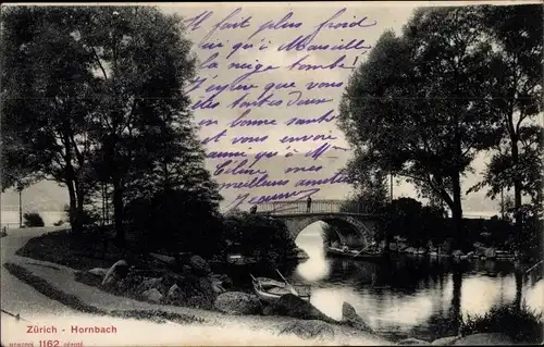 Ak Kanton Zürich, Hornbach, Wegepartie mit Brückenblick