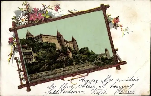 Passepartout Ak Noiraigue Kanton Neuenburg, Seitenansicht der Burg