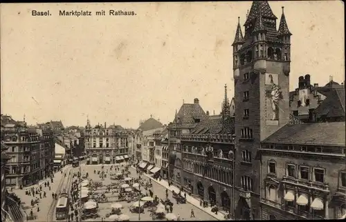 Ak Basel Bâle Stadt Schweiz, Marktplatz und Rathaus