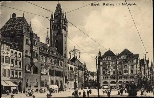 Ak Basel Bâle Stadt Schweiz, Rathaus mit Marktplatz