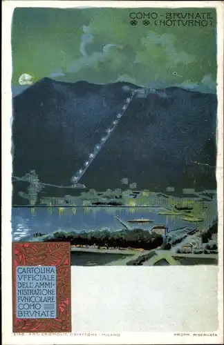 Litho Brunate Lago di Como Lombardia, Funicolare Como Brunate, Notturno, Blick auf den Ort