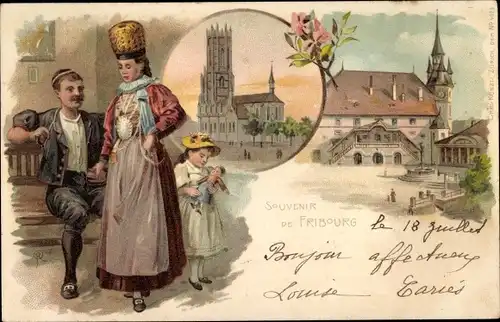 Litho Fribourg Freiburg Stadt Schweiz, Stadtpartie, Familienbild, Schweizerische Tracht