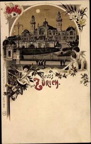 Mondschein Litho Zürich Stadt Schweiz, Halle, Engel, Musikinstrument