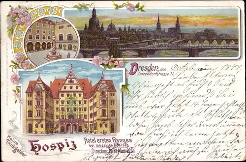 Litho Dresden Zentrum Altstadt, Zinzendorfstraße 17, Hospiz, Stadtansicht