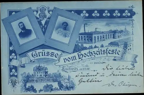 Litho Dresden Nordost Loschwitz, Grüße vom Hochzeitsfest 1900, Orgelbauer Gebrüder Jehlich