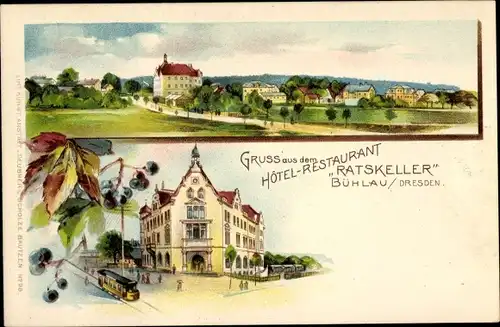 Litho Dresden Bühlau, Hotel Restaurant Ratskeller, Blick auf den Ort