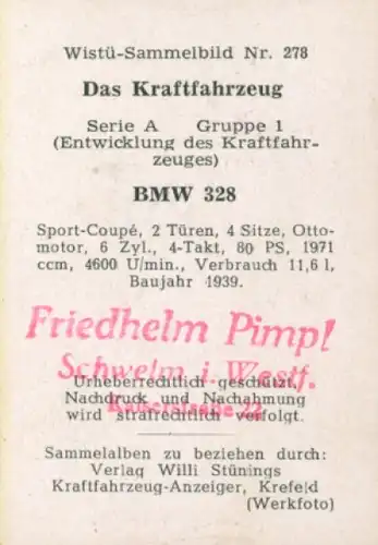 Sammelbild Das Kraftfahrzeug Nr. 278, Entwicklung des Kraftfahrzeuges, BMW 328, Sport Coupe