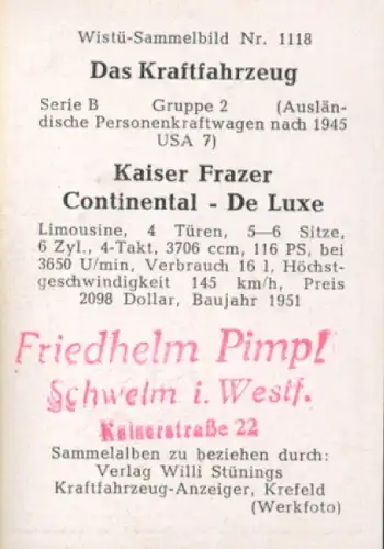 Sammelbild Das Kraftfahrzeug Nr. 1118 PKW nach 1945 USA Kaiser Frazer Continental De Luxe Limousine