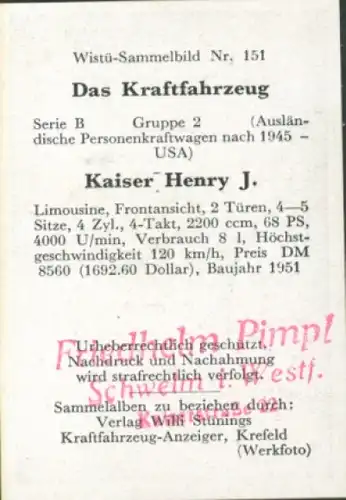 Sammelbild Das Kraftfahrzeug Nr. 151, PKW nach 1945 USA, Kaiser Henry J., Limousine