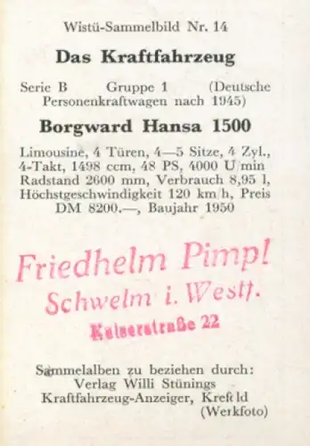 Sammelbild Das Kraftfahrzeug Nr. 14, Deutsche PKW nach 1945, Borgward Hansa 1500, Limousine