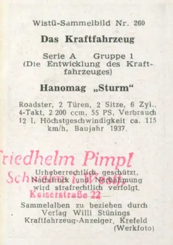 Sammelbild Das Kraftfahrzeug Nr. 260, Entwicklung des Kraftfahrzeuges, Hanomag Sturm, Roadster