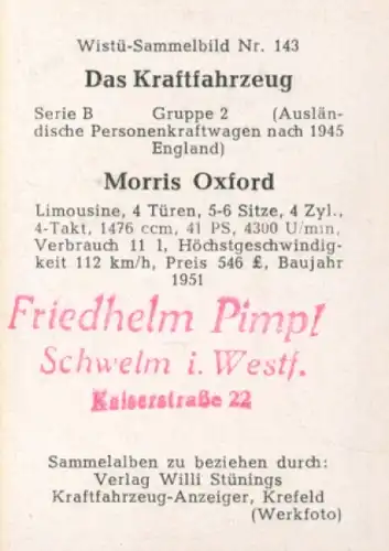 Sammelbild Das Kraftfahrzeug Nr. 143, PKW nach 1945, England, Morris Oxford, Limousine