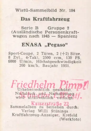 Sammelbild Das Kraftfahrzeug Nr. 184, PKW nach 1945, Spanien, ENASA Pegaso, Sport Coupe