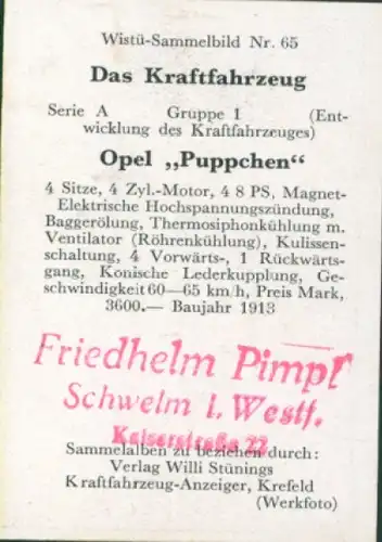 Sammelbild Das Kraftfahrzeug Nr. 65, Entwicklung des Kraftfahrzeuges, Opel Puppchen