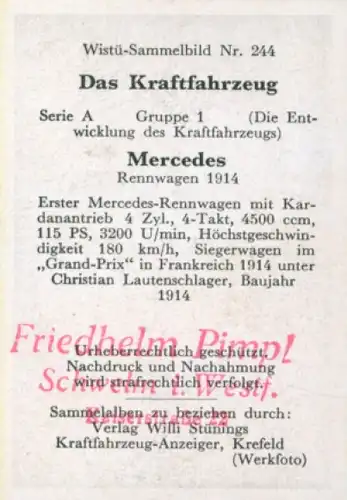 Sammelbild Das Kraftfahrzeug Nr. 244, Entwicklung des Kraftfahrzeugs, Mercedes Rennwagen 1914