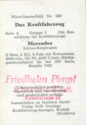 Sammelbild Das Kraftfahrzeug Nr. 240, Entwicklung des Kraftfahrzeugs, Mercedes 2 Liter-Rennwagen