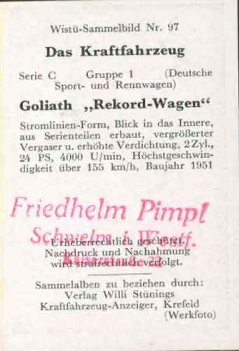 Sammelbild Das Kraftfahrzeug Nr. 97, Deutsche Sport- und Rennwagen, Goliath-Rekordwagen