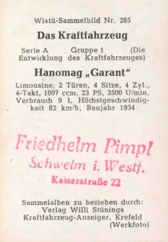 Sammelbild Das Kraftfahrzeug Nr. 285, Entwicklung des Kraftfahrzeuges, Hanomag Garant, Limousine