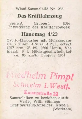 Sammelbild Das Kraftfahrzeug Nr. 286, Entwicklung des Kraftfahrzeugs, Hanomag 4/23, Cabrio-Limousine