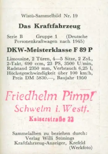 Sammelbild Das Kraftfahrzeug Nr. 19, Deutsche PKW nach 1945, DKW-Meisterklasse F 89 P, Limousine