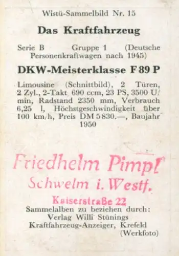 Sammelbild Das Kraftfahrzeug Nr. 15, Deutsche PKW nach 1945, DKW-Meisterklasse F 89 P, Limousine