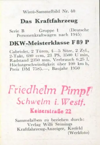 Sammelbild Das Kraftfahrzeug Nr. 40, Deutsche PKW nach 1945, DKW-Meisterklasse F 89 P, Cabriolet