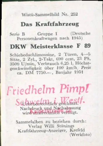 Sammelbild Das Kraftfahrzeug Nr. 252, Deutsche PKW nach 1945, DKW-Meisterklasse F 89, Limousine