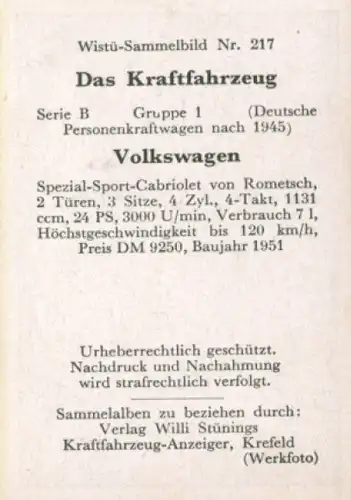 Sammelbild Das Kraftfahrzeug Nr. 217, Deutsche PKW nach 1945, Volkswagen, Spezial Sport Cabriolet