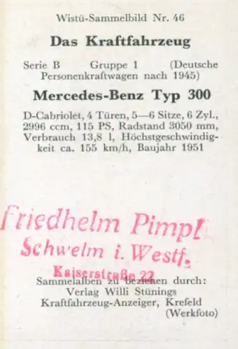 Sammelbild Das Kraftfahrzeug Nr. 46, Deutsche PKW nach 1945, Mercedes Benz Typ 300, D Cabriolet