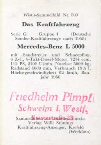 Sammelbild Das Kraftfahrzeug Nr. 503, Deutsche Sonder-Kraftfahrzeuge nach 1945, Mercedes Benz L 5000