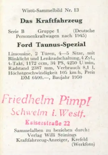 Sammelbild Das Kraftfahrzeug Nr. 13, Deutsche PKW nach 1945, Ford Taunus Spezial, Limousine