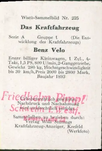 Sammelbild Das Kraftfahrzeug Nr. 225, Entwicklung des Kraftfahrzeugs, Benz Velo