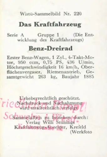 Sammelbild Das Kraftfahrzeug Nr. 220, Entwicklung des Kraftfahrzeuges, Benz Dreirad