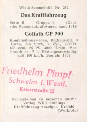 Sammelbild Das Kraftfahrzeug Nr. 282, Deutsche PKW nach 1945, Goliath GP 700, Kombiwagen