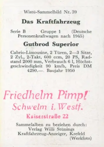 Sammelbild Das Kraftfahrzeug Nr. 39, Deutsche PKW nach 1945, Gutbrod Superior, Cabrio-Limousine