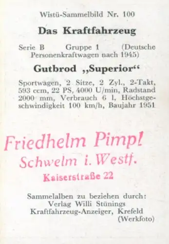 Sammelbild Das Kraftfahrzeug Nr. 100, Deutsche PKW nach 1945, Gutbrod Superior, Sportwagen