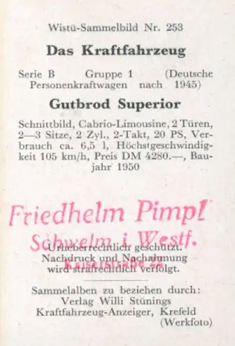 Sammelbild Das Kraftfahrzeug Nr. 253, Deutsche PKW nach 1945, Gutbrod Superior, Cabrio-Limousine