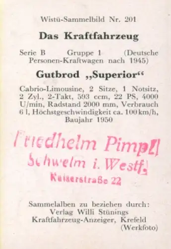 Sammelbild Das Kraftfahrzeug Nr. 201, Deutsche PKW nach 1945, Gutbrod Superior, Cabrio-Limousine