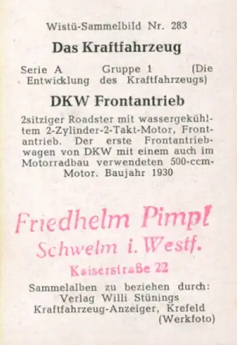 Sammelbild Das Kraftfahrzeug Nr. 283, Entwicklung des Kraftfahrzeugs, DKW Frontantrieb, Roadster