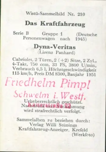 Sammelbild Das Kraftfahrzeug Nr. 210, Deutsche PKW nach 1945, Dyna Veritas, Cabriolet